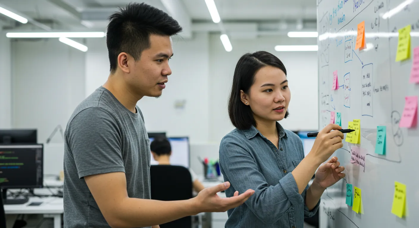 A team of Vietnamese software developers collaborating in a modern office, symbolizing secure and high-quality outsourcing.